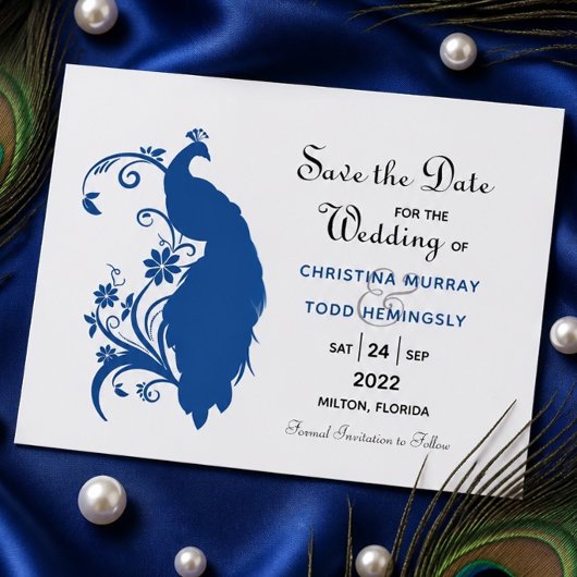 Elegant Blue Peacock Flat Save the Date Kaart