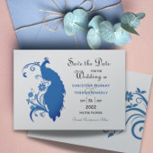 Elegant Blue Peacock Flat Save the Date Kaart
