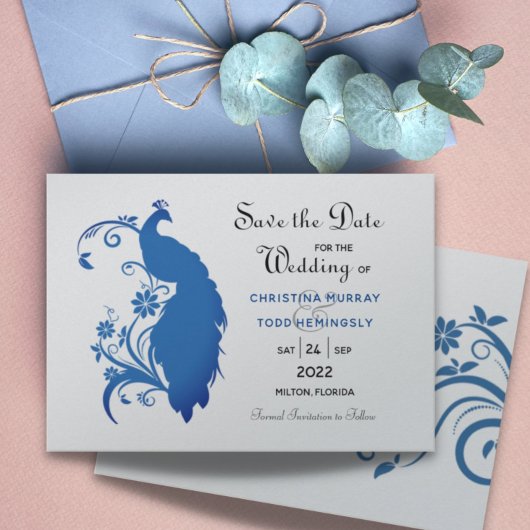 Elegant Blue Peacock Flat Save the Date Kaart