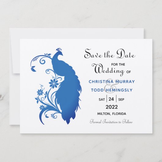 Elegant Blue Peacock Flat Save the Date Kaart (Voorkant)
