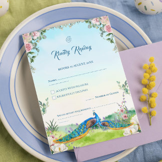 Elegant Blue Peacock Floral Wedding Theme RSVP Kaartje