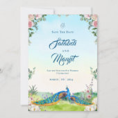 Elegant Blue Peacock Floral Wedding Theme    Save The Date (Voorkant)