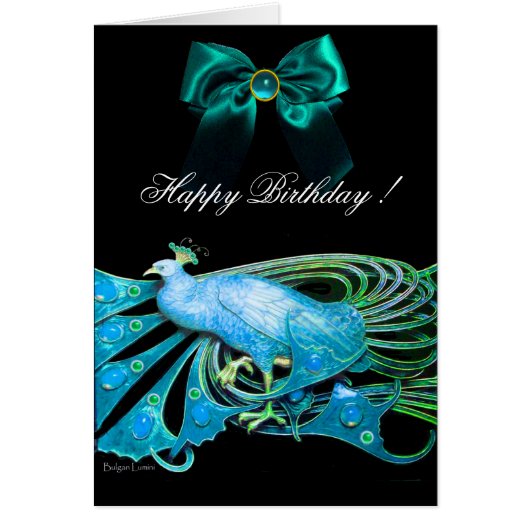 ELEGANT BLUE PEACOCK, GEM STONES EN BOW Birthday (Voorkant)