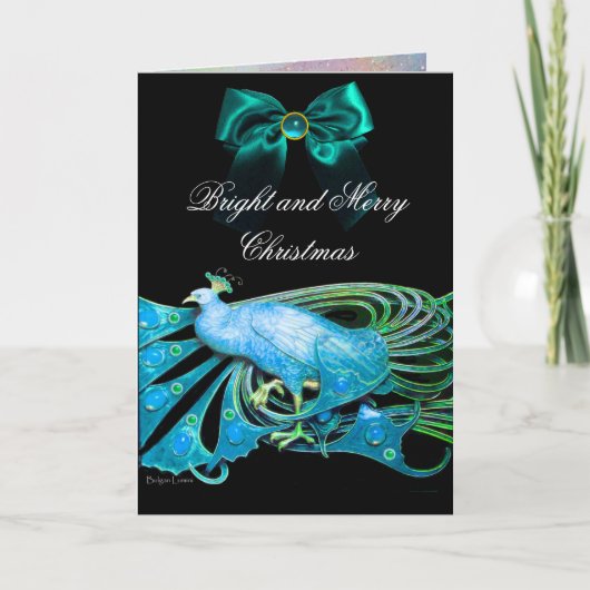 ELEGANT BLUE PEACOCK, GEM STONES EN CHRISTMAS BOW FEESTDAGEN KAART (Voorkant)