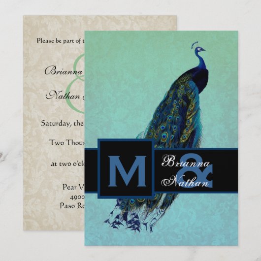 Elegant Blue Peacock Metallic Wedding Kaart (Voorkant / Achterkant)