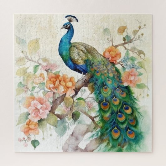 Elegant Blue Peacock Pink Flowers Legpuzzel (Verticaal)