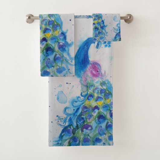 Elegant Blue Peacock Waterverf Art Bird Girls Bad Handdoek (Insitu)