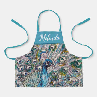 Elegant Blue Peacock Waterverf Art Kinder Apron Schort