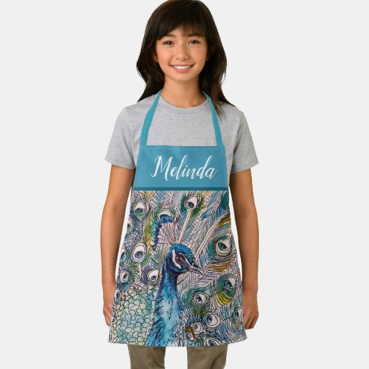 Elegant Blue Peacock Waterverf Art Kinder Apron Schort (Insitu)