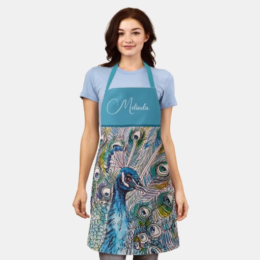 Elegant Blue Peacock Waterverf Art Kinder Apron Schort (Gedragen)