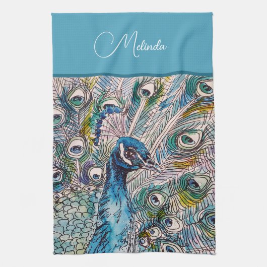 Elegant Blue Peacock Waterverf Art Kinder Apron Theedoek (Verticaal)