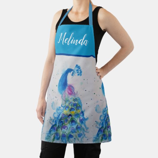 Elegant Blue Peacock Waterverf Art Womans Apron Schort (Insitu)