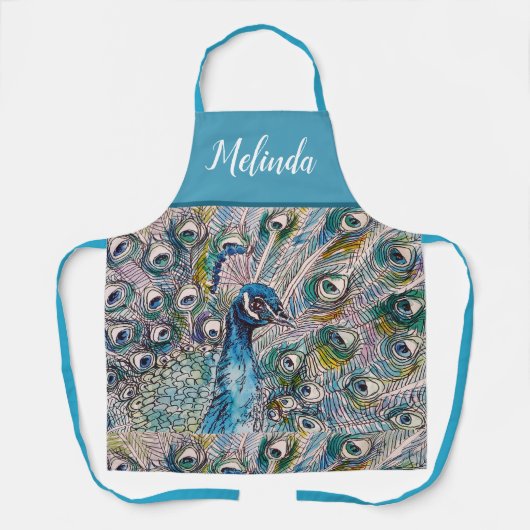 Elegant Blue Peacock Waterverf Art Womans Apron Schort (Voorkant)