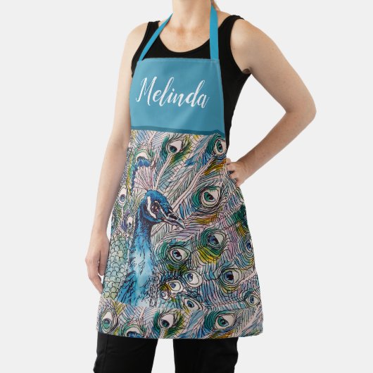 Elegant Blue Peacock Waterverf Art Womans Apron Schort (Insitu)