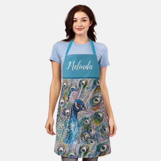 Elegant Blue Peacock Waterverf Art Womans Apron Schort (Gedragen)