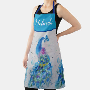 Elegant Blue Peacock Waterverf Art Womans Apron Schort