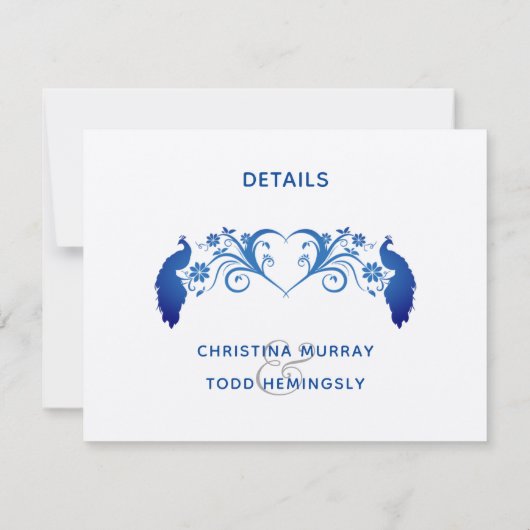 Elegant Blue Peacock Wedding Details Kaart (Achterkant)