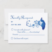 Elegant Blue Peacock Wedding RSVP Kaart (Voorkant)