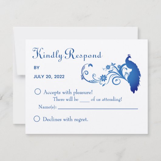Elegant Blue Peacock Wedding RSVP Kaart (Voorkant)