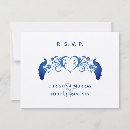 Elegant Blue Peacock Wedding RSVP Kaart (Achterkant)
