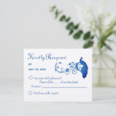 Elegant Blue Peacock Wedding RSVP Kaart (Staand voorkant)