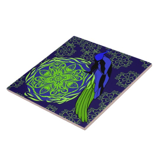 Elegant Blue Peacock with Green Mandala Tegeltje (Zijkant)