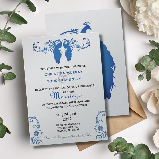 Elegant Blue Peakcock Wedding Invitation 5"x7" Kaart