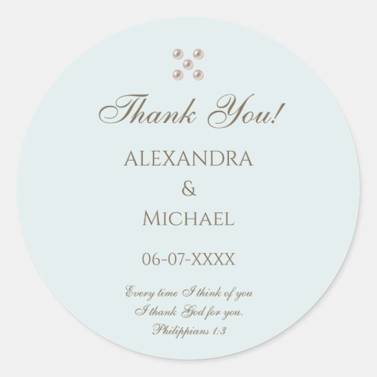 Elegant Blue Pearl Christian Wedding Thank You Ronde Sticker (Voorkant)