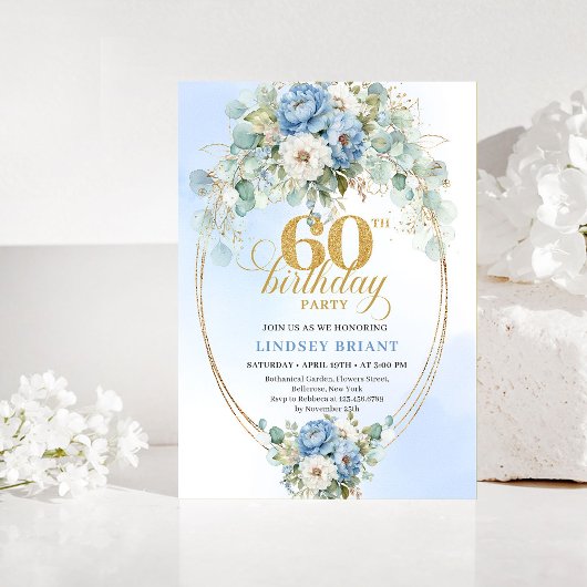 Elegant Blue Peonies 60th Birthday Invitation Kaart