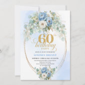 Elegant Blue Peonies 60th Birthday Invitation Kaart (Voorkant)