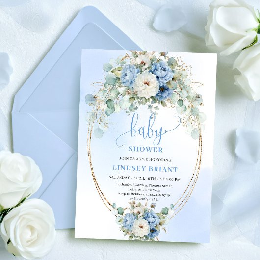 Elegant Blue Peonies Greenery Baby Shower Invite Kaart