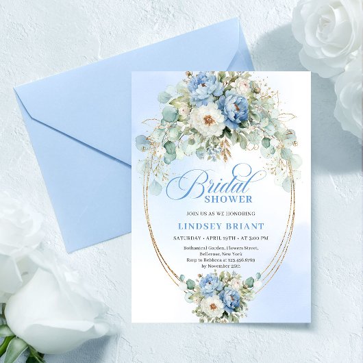 Elegant Blue Peonies Greenery Bridal Shower Invite Kaart
