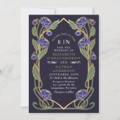Elegant Blue Peony Art Nouveau Floral Wedding Kaart (Voorkant)
