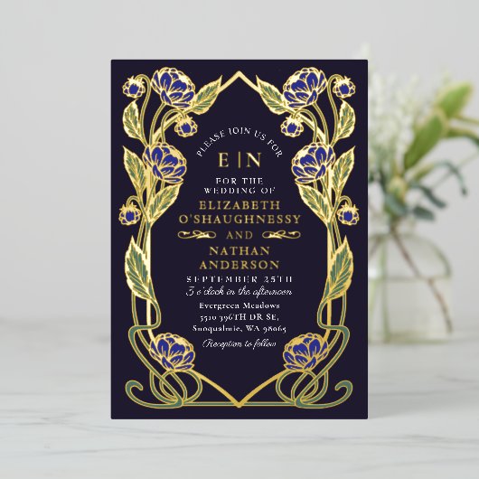 Elegant Blue Peony Art Nouveau Wedding All in One Folie Uitnodiging (Staand Voorkant)
