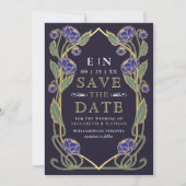 Elegant Blue Peony Art Nouveau Wedding Photo Save The Date (Voorkant)