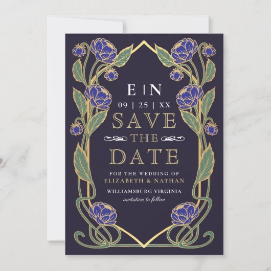 Elegant Blue Peony Art Nouveau Wedding Photo Save The Date (Voorkant)