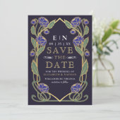 Elegant Blue Peony Art Nouveau Wedding Photo Save The Date (Staand voorkant)