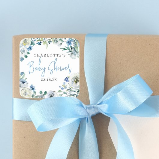 Elegant Blue Peony Floral Boy Baby shower Vierkante Sticker