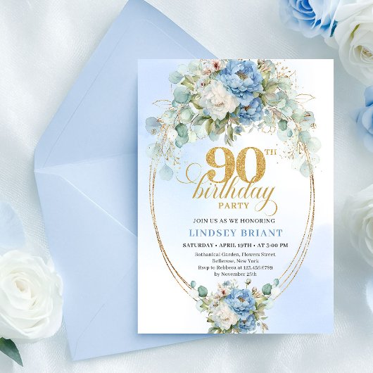 Elegant Blue Peony Gold 90th Birthday Invitation Kaart