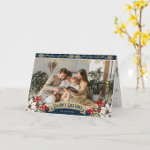 Elegant Blue Photo Holly Red Berries Poinsettia Kaart (Gele Bloem)