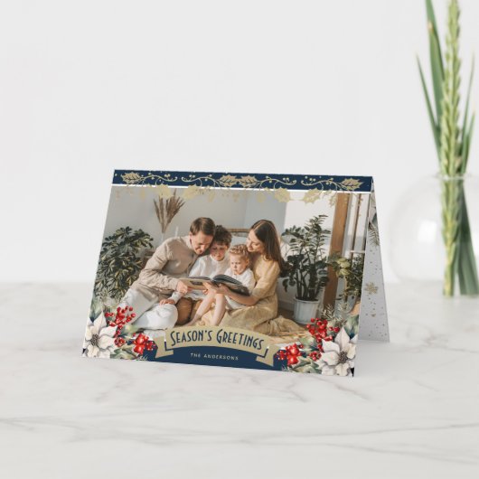 Elegant Blue Photo Holly Red Berries Poinsettia Kaart (Voorkant)