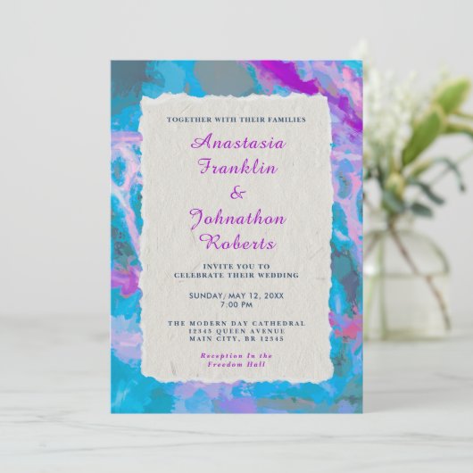 Elegant Blue Pink Abstracte Waterverf Wedding Kaart (Staand voorkant)