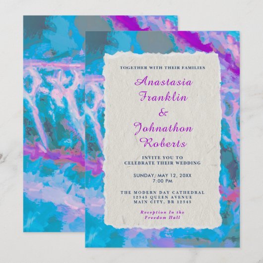 Elegant Blue Pink Abstracte Waterverf Wedding Kaart (Voorkant / Achterkant)