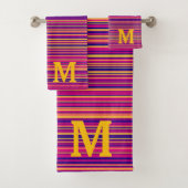 Elegant blue pink and yellow stripes monogram bad handdoek (Insitu)