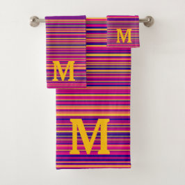 Elegant blue pink and yellow stripes monogram bad handdoek