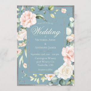 Elegant Blue Pink Blush Waterverf Floral Wedding Kaart