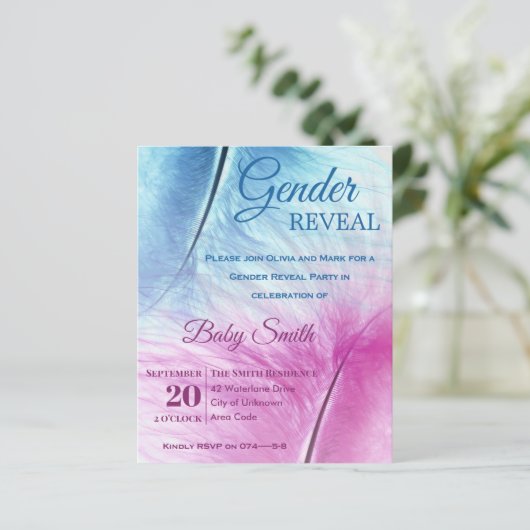 Elegant Blue Pink Feather Gender onthulling Uitnod (Staand voorkant)