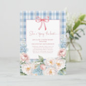 Elegant Blue Pink Floral Bow Gingham Bridal Shower Kaart (Staand voorkant)