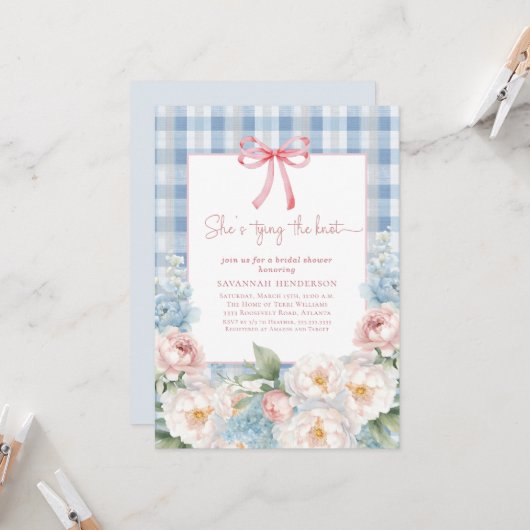 Elegant Blue Pink Floral Bow Gingham Bridal Shower Kaart (Voorkant / Achterkant in situ)