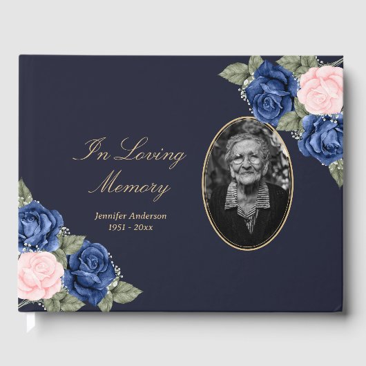 Elegant Blue Pink Floral Funeral Foto Gastenboek (Voorkant)